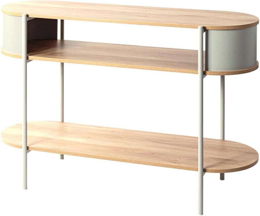 HK-Shop Wandtafel – Stalen frame kasjmiergrijs – Planken natuurlijk eiken – Modern design – 110 cm breed – Stevig metaal en spaanplaat – Stijlvol en ruim