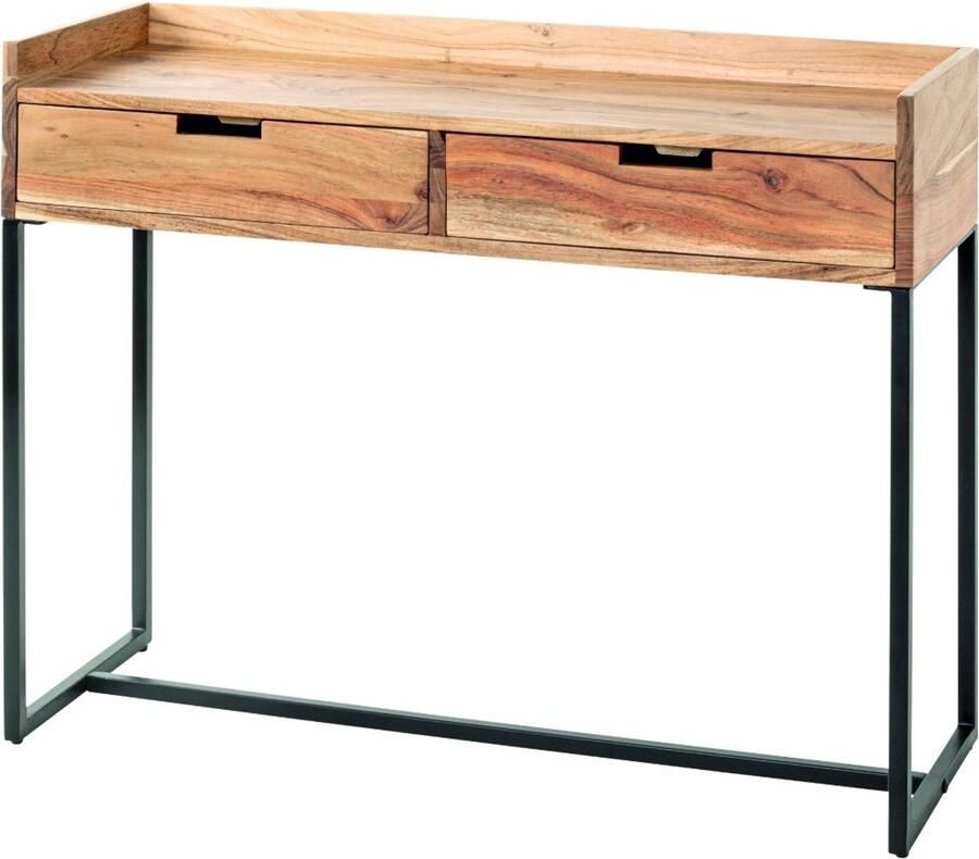 HK-Shop Wandtafel – Stijlvol massief acaciahout met zwarte stalen buizen – Naturel en zwart – Met 2 ruime laden – 100 cm breed – Modern design