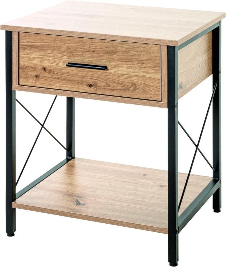 HK-Shop Wandtafel – Stalen Frame Zwart Gepoedercoat – Licht Eiken MDF Planken en Lade – Industriële Look – Compact 45x40x60cm – Stijlvolle Kleuraccenten