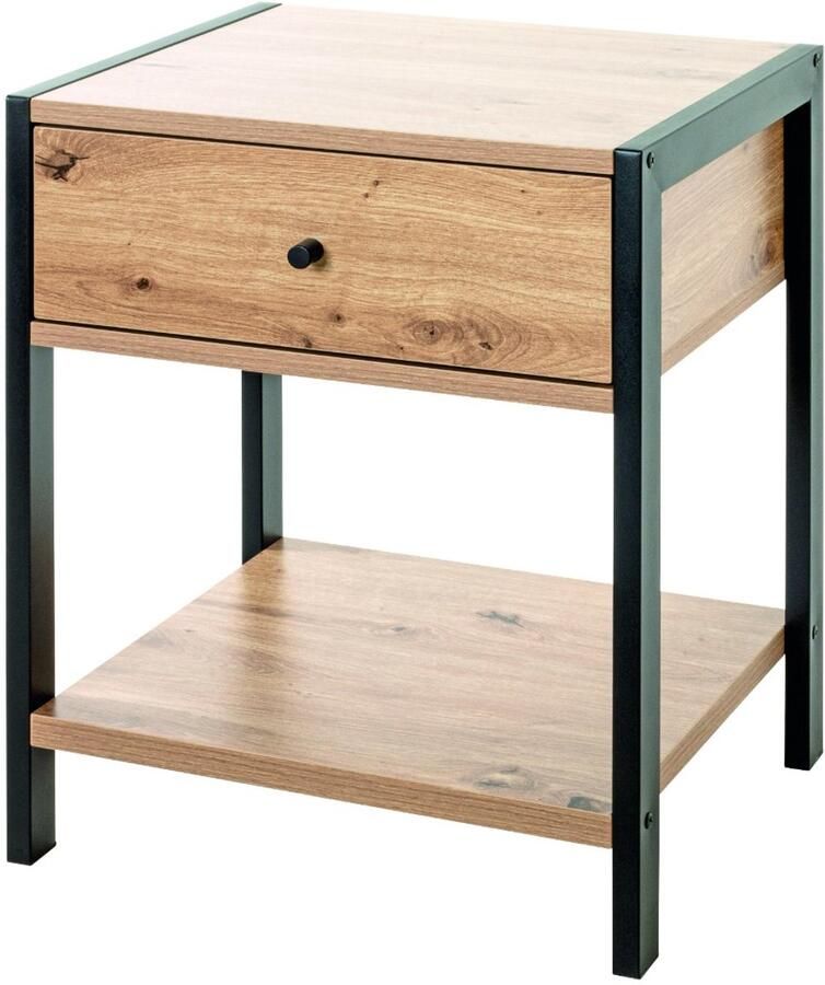 HK-Shop Wandtafel – Stijlvolle Bijzettafel – Zwart Stalen Frame – Licht Eiken MDF Plank en Lade – Trendy Kleuraccenten – Compact Formaat 48x43x60 cm