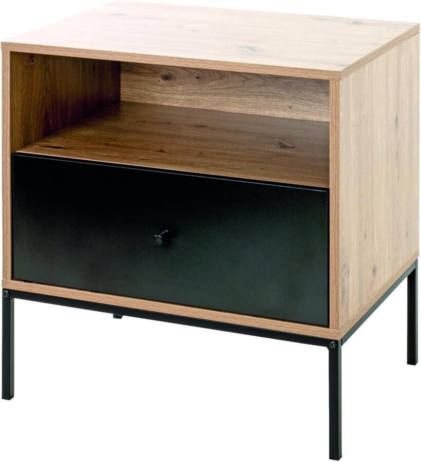 HK-Shop Wandtafel – Stijlvolle bijzettafel van zwart staal en licht eiken – Praktische lade – Modern design – Compact formaat 55x42x60 cm