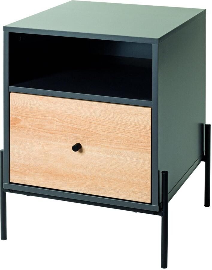 HK-Shop Wandtafel – Stijlvolle bijzettafel van zwart staal en MDF – Antraciet met eiken natuur – Softclose lade volledig uittrekbaar – Compact design 45x47x60 cm