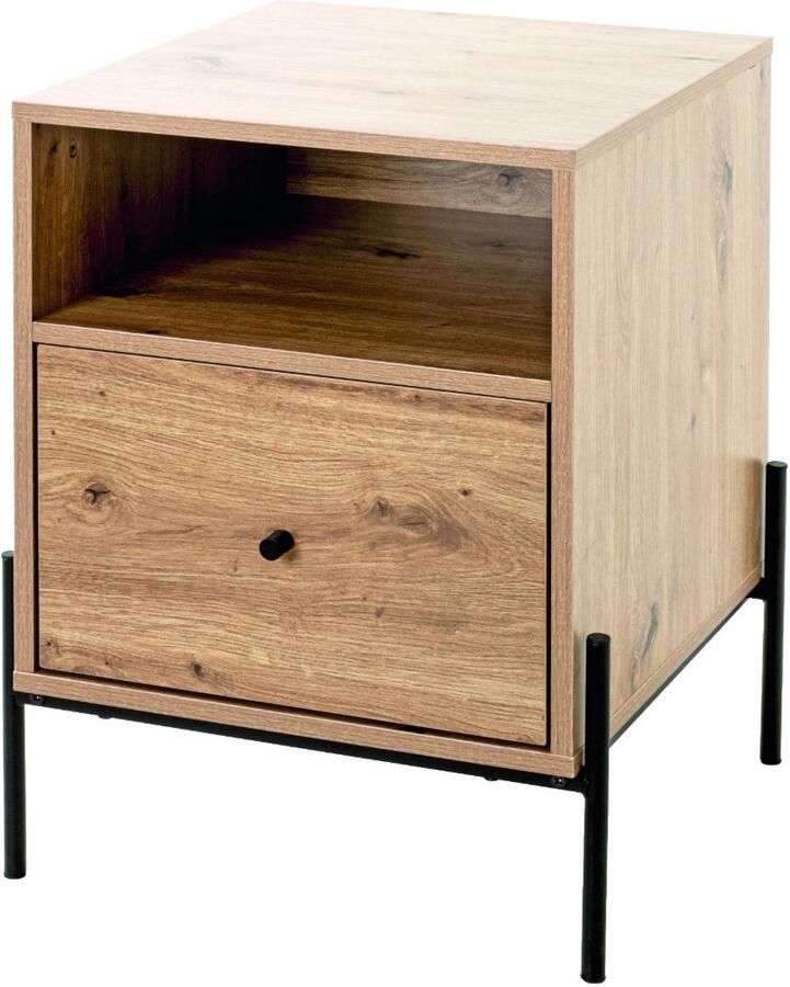 HK-Shop Wandtafel – Stijlvolle bijzettafel van zwart gepoedercoat staal – Licht eiken MDF met kleuraccenten – Compact design 45x47x60 cm – Moderne eyecatcher met lade