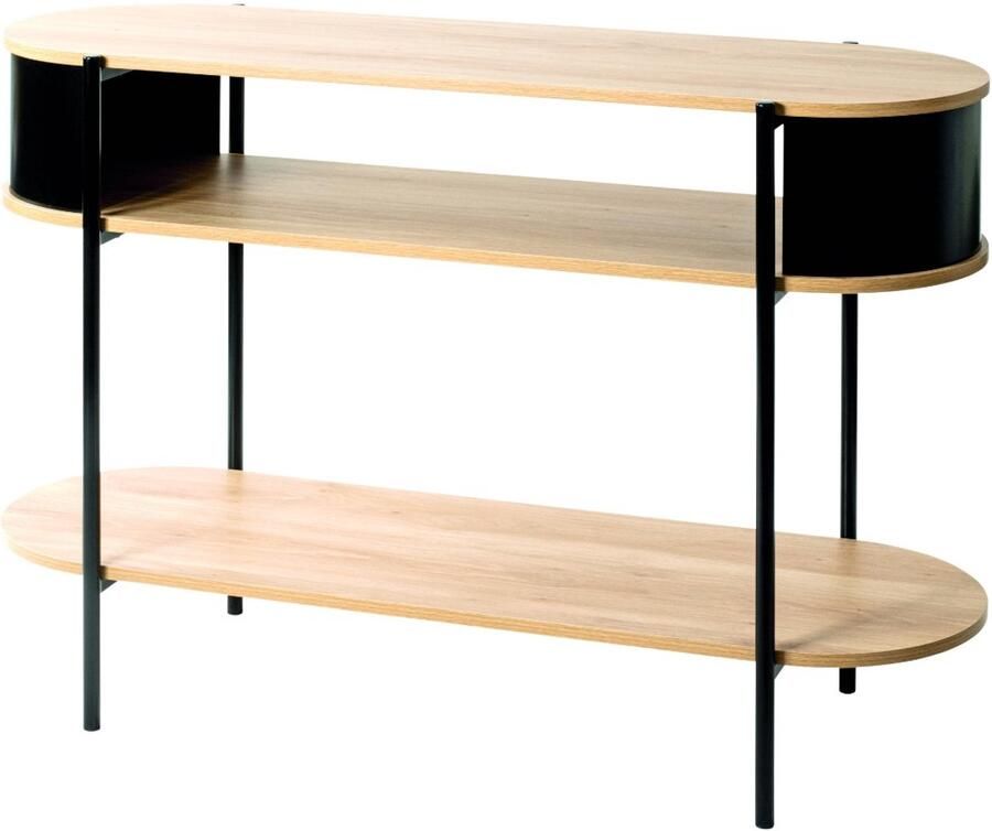 HK-Shop Wandtafel – Stijlvol stalen frame – Natuurlijke eiken spaanplaat planken – Zwart gepoedercoat metaal – Ruim 110 cm breed – Modern industrieel design