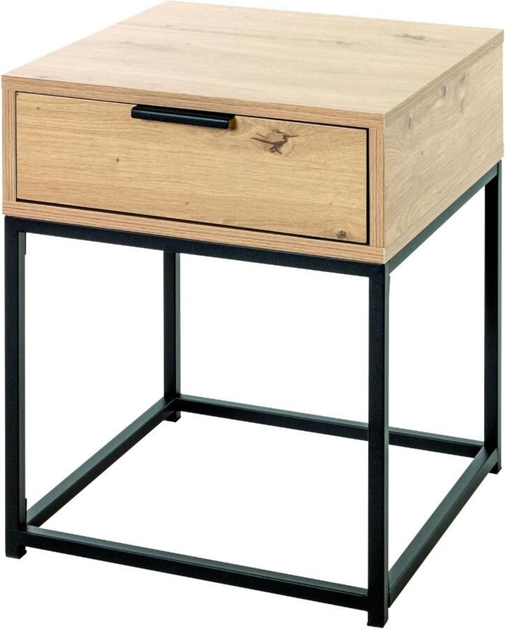 HK-Shop Wandtafel – Bijzettafel met zwart stalen frame – Licht eiken spaanplaat – Modern kleuraccent – Stevig en stijlvol design – Compact formaat 40x40x50 cm