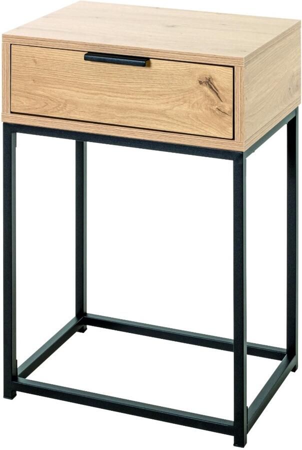 HK-Shop Wandtafel – Stijlvolle bijzettafel – Zwart staal met licht eiken decor – Compact formaat – Eigentijds design – Met handige lade – 40x28x60 cm