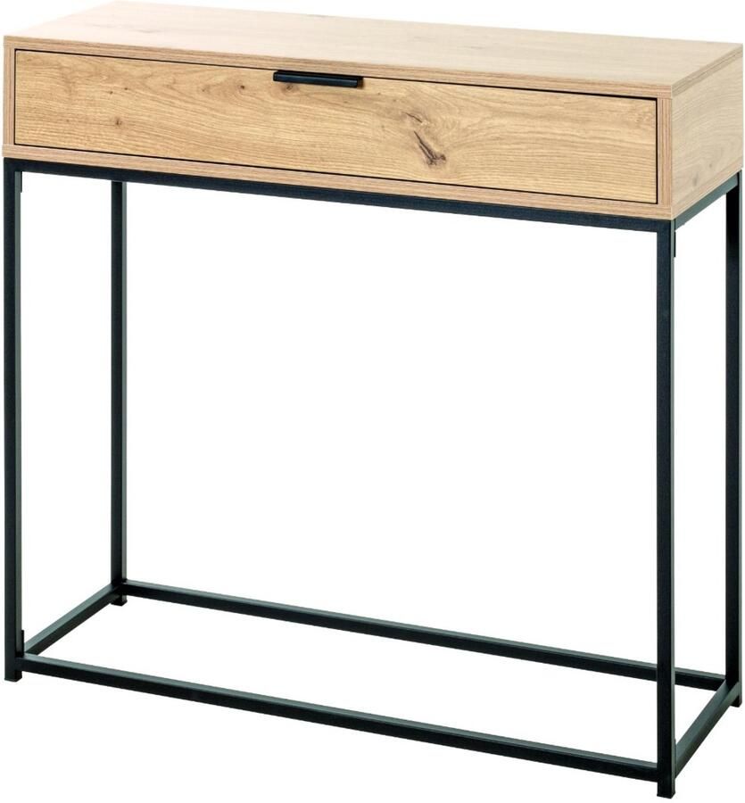 HK-Shop Wandtafel – Stalen frame zwart gepoedercoat – Licht eiken spaanplaat met kleuraccenten – Modern design – Compact formaat 80x28x77 cm – Stevig en stijlvol