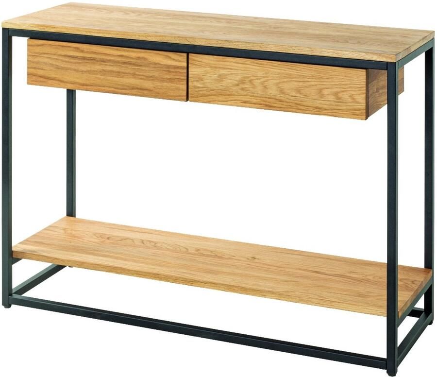 HK-Shop Wandtafel – Stalen frame met zwart poedercoating – Massief geolied eikenhout – Eik en zwart – 100 cm breed – 35 cm diep – 75 cm hoog – Robuust en stijlvol design