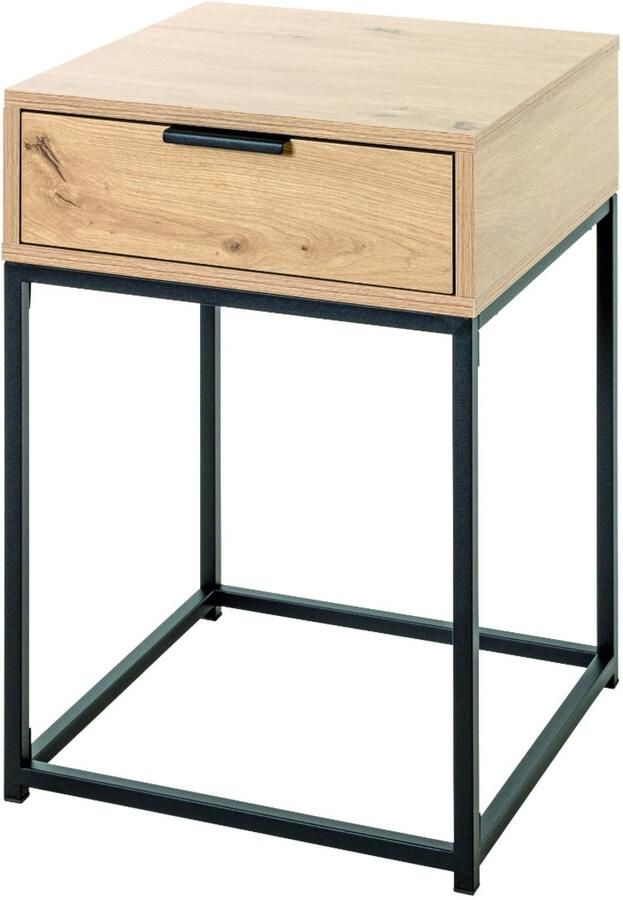 HK-Shop Wandtafel – Stijlvolle bijzettafel – Zwart stalen onderstel – Licht eiken spaanplaat – Met praktische lade en kleuraccenten – Compact formaat 40x40x60 cm