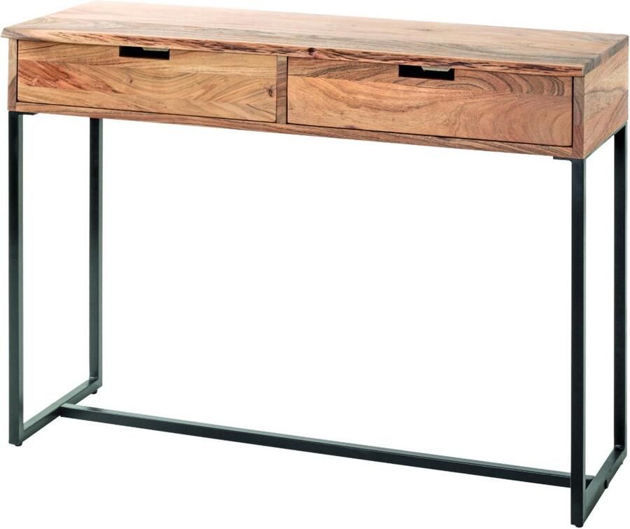 HK-Shop Wandtafel – Stijlvolle stalen buizen in zwart – Massief acaciahout met boomrand – Twee ruime lades – Naturel acacia en zwart – Robuust design 100x35x75 cm