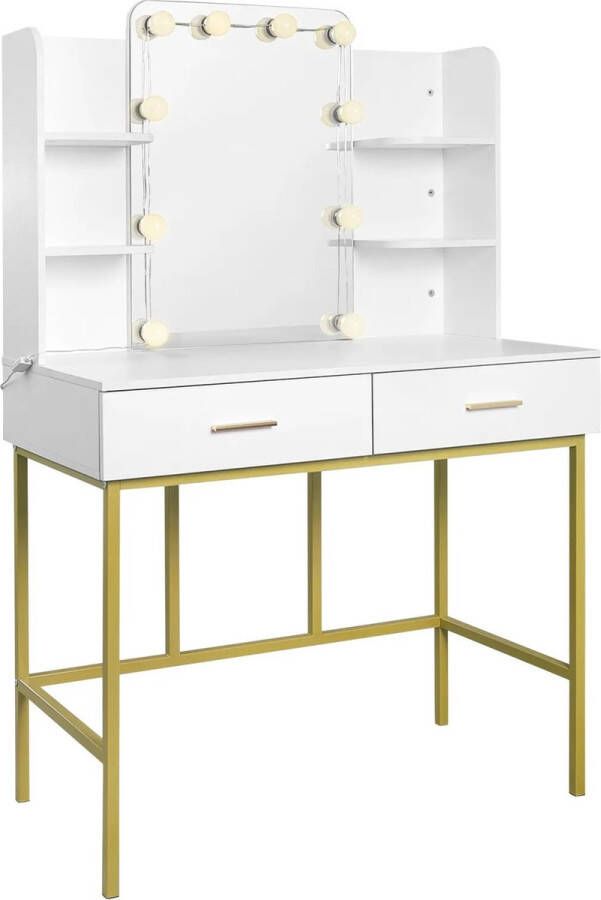 H.K.H STORE Kaptafel met Verlichting & Spiegel Toilettafel Kaptafels Make Up Tafel Bureau 90x45x136 cm Wit met goud