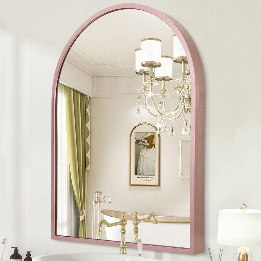 HLFMVWE Gebogen wandspiegel voor badkamer spiegel voor wand kaptafel decoratie slaapkamer kaptafel entree woonkamer metalen frame 65 x 45 cm roségoud