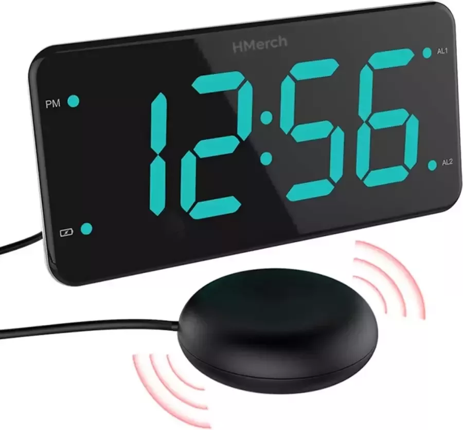 HMERCH ™ Wekkerradio met Trilkussen voor Slechthorenden Doven Digitale Wekker Alarmklok Trilwekker onder je kussen Klok met FM Radio met trilschijf Bed Shaker - Foto 1