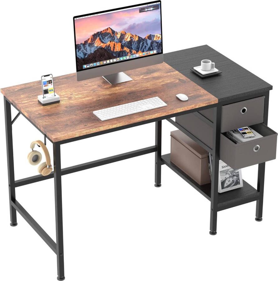HMTM Bureau computertafel pc-tafel met laden en koptelefoonhouder bureautafel houten kantoortafel voor kantoor woonkamer thuis kantoor 100 x 75 x 50 cm