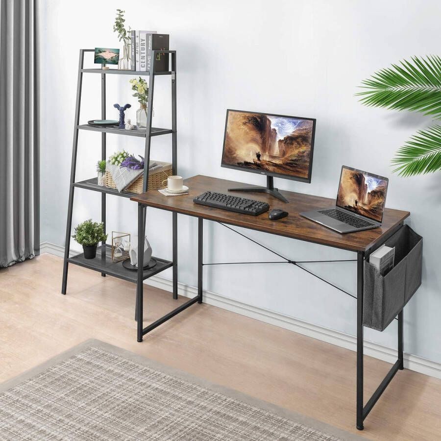 HMTM Bureau vintage 120 x 60 cm pc-tafel computertafel bruin met opbergtas klein bureau kantoortafel officetafel voor thuis kantoor school stabiele laptoptafel werktafel