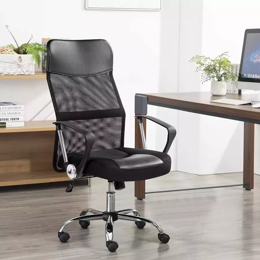 HMTM Bureaustoel ergonomische bureaustoel computerstoel 360° draaistoel executive stoel met hoofdsteun hoge rugleuning van netstof voor kantoor of thuiskantoor zwart HM-YAHEE-611049