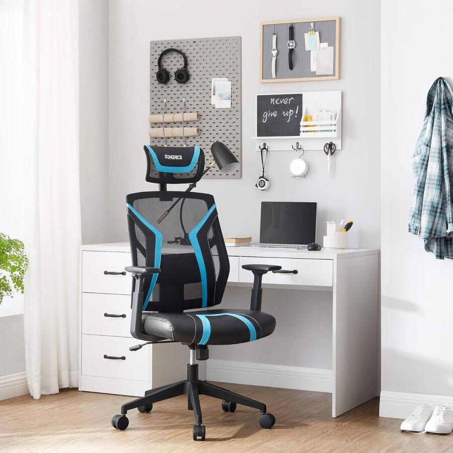 HMTM Bureaustoel ergonomische draaistoel kantelbaar verstelbare hoofdsteun armleuningen en gevoerde lendensteun gamingstoel tot 120 kg belastbaar zwart-blauw HMBN059B01