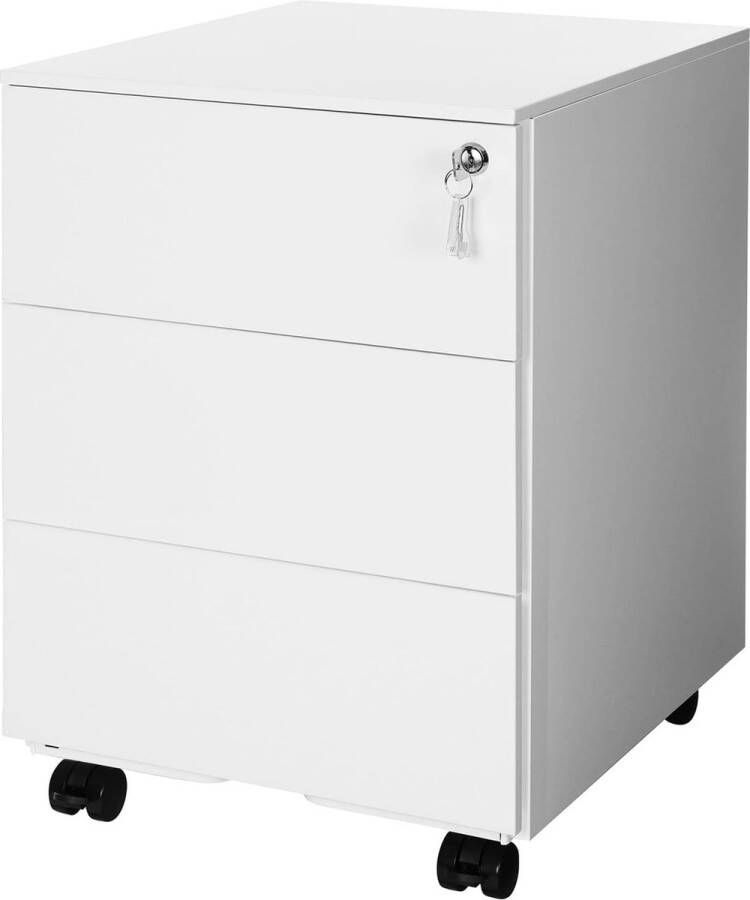 HMTM HMFC63WT Rolcontainer metalen kast mobiele archiefkast printertafel afsluitbaar 3 laden bureau onderkast voorgemonteerd kantoor thuiskantoor 45 x 39 x 55 cm wit