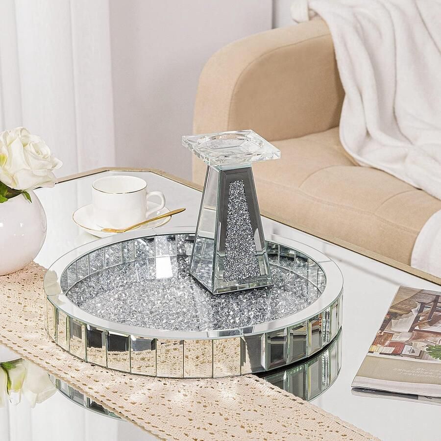 HMTM 34 9 cm spiegel-parfum dienblad voor commode – zilveren geplette diamanten make-uptafels ronde sieraden-make-uporganizer decoratieve accenten voor thuis salontafel badkamer slaapkamer