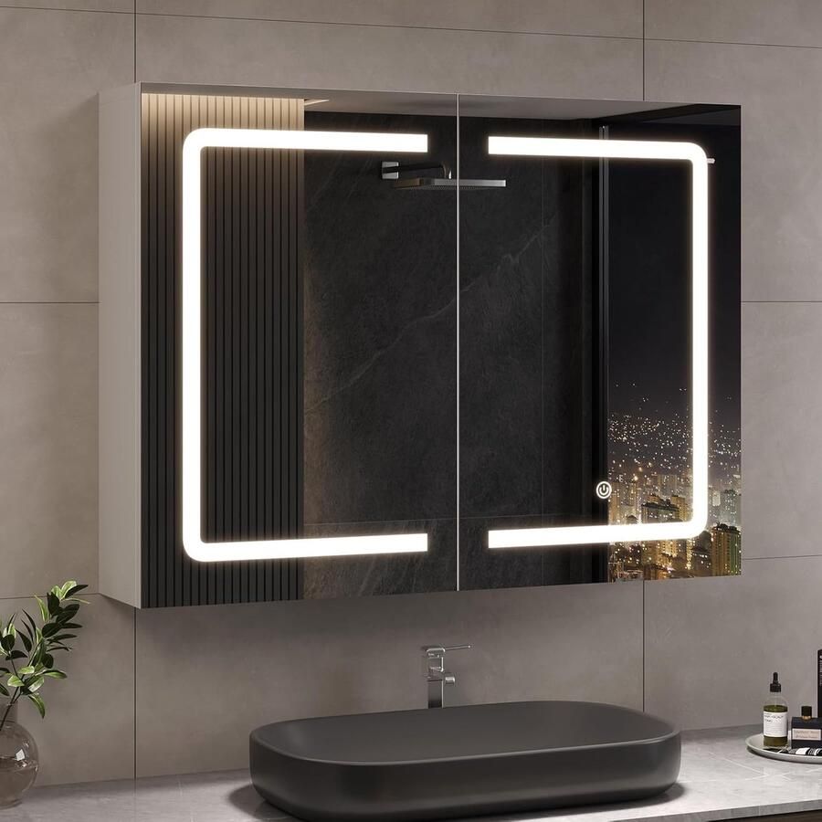 HMTM Badkamerspiegelkast met verlichting 80 x 16 x 60 cm spiegelkast badkamer met led en stopcontact 80 cm breed dubbele deur badkamerkast met spiegel en plank hangkast -503281