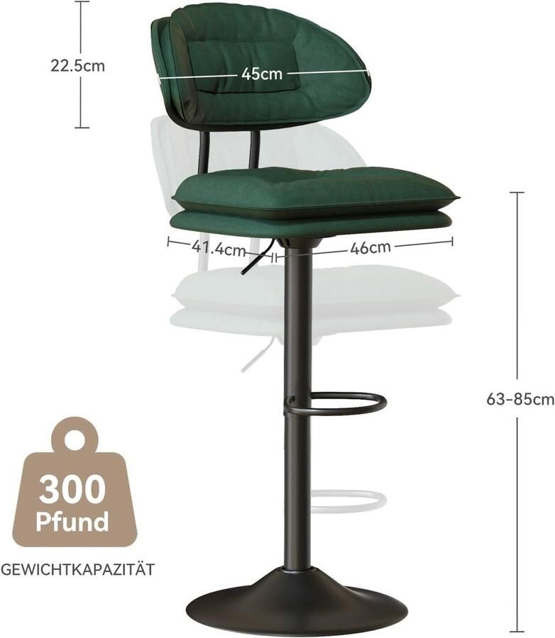 HMTM Barkruk set van 2 ergonomische gestoffeerde barkruk met rugleuning verstelbare dubbellaagse barstoel voor eetkamer thuisbar keukeneiland 2 x krukken (legergroen)
