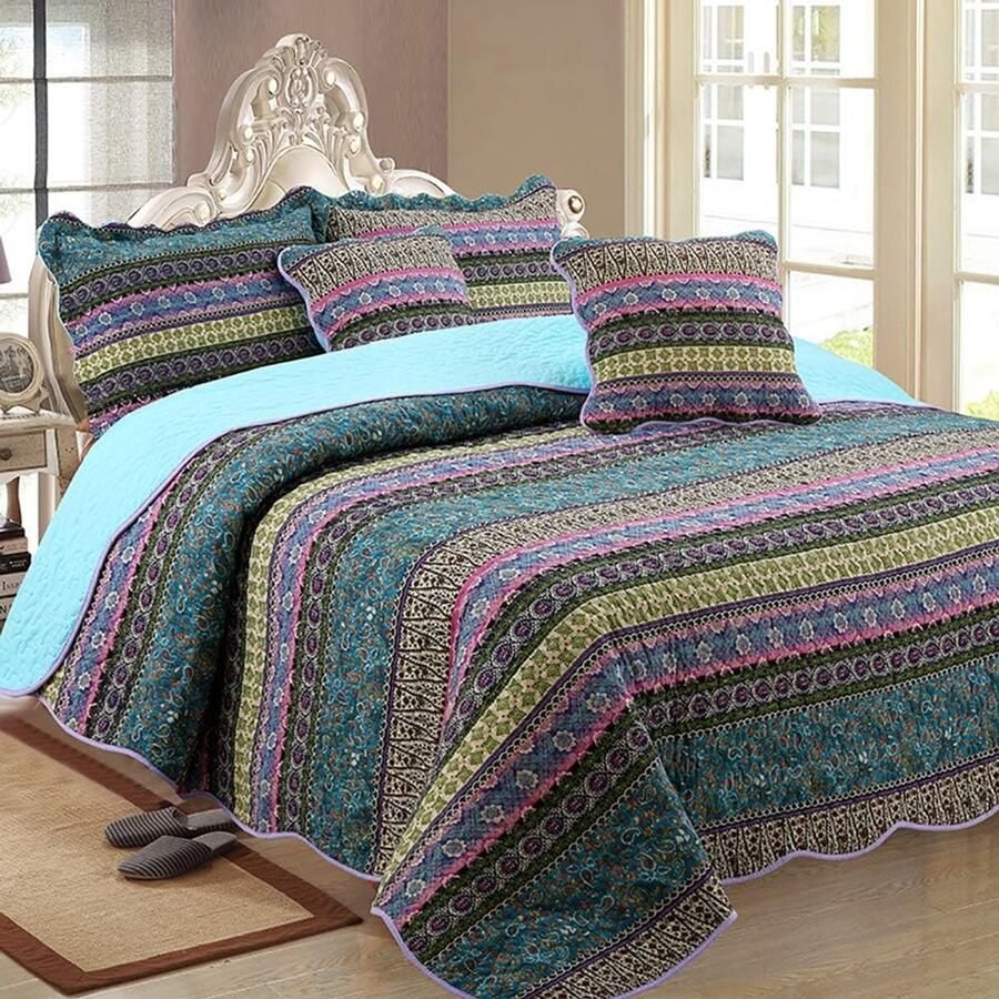 HMTM Bedsprei sprei 270 x 250 cm bed katoen boho-patchwork stijl patroon dekbed quilt gewatteerd bankovertrek vintage slaapkamer met kussenset groen blauw