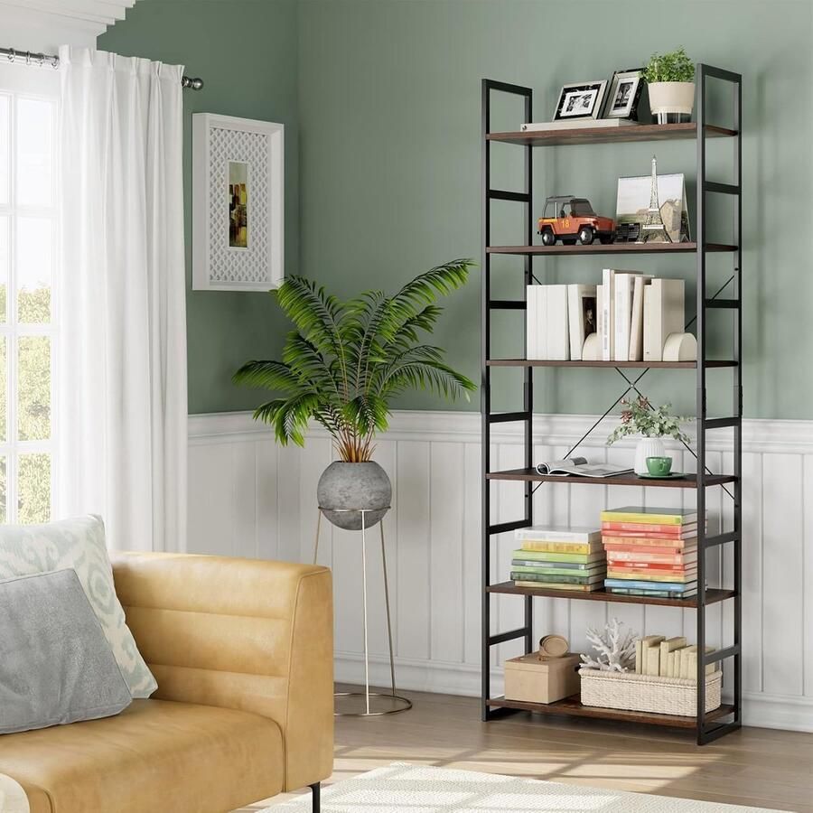 HMTM Boekenkast met 6 planken staand rek in industrieel design keukenrek opbergrek voor woonkamer werkkamer kantoor hal bruin en zwart 70 x 30 x 194 5 cm -FI-034