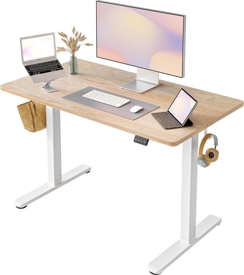 HMTM Bureau in hoogte verstelbaar elektrisch 100 x 60 cm sta bureau met geheugenbesturing en anti-botsingstechnologie wit frame gevlekt eikenhoutfineer oppervlak -S17-0013