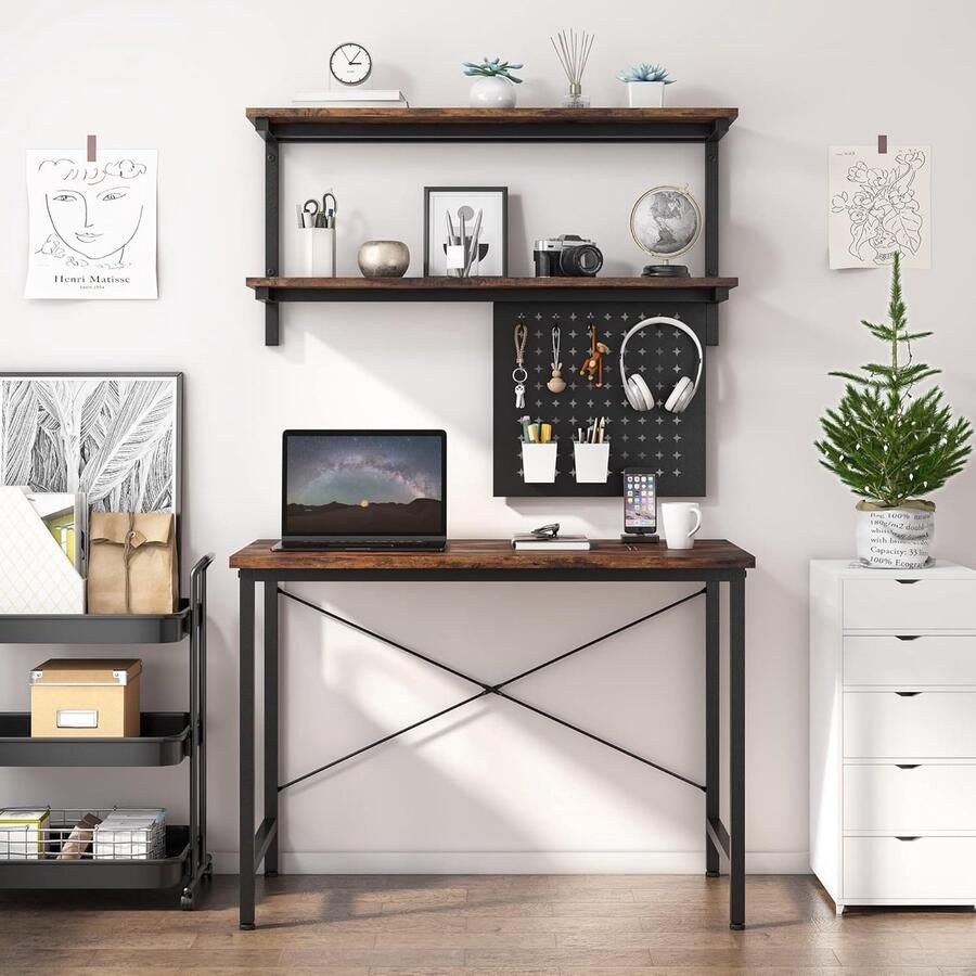 HMTM bureau met boekenkast computerbureau met wandrooster bureautafel van metaal en hout pc-tafel bijzettafel voor werk games en thuiskantoor 108 × 55 × 160 cm -228