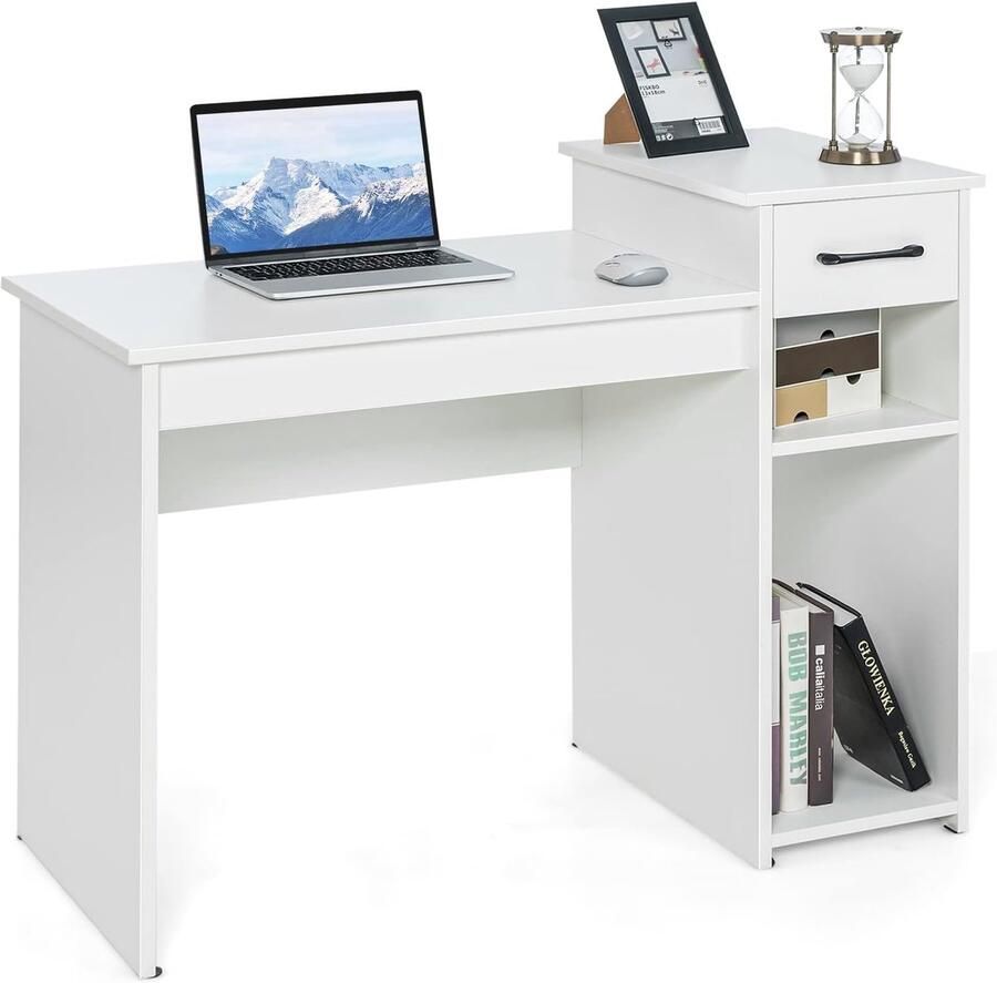 HMTM Bureau met lade en open planken computertafel hout werktafel bureautafel pc-tafel voor kleine ruimtes 104 x 50 x 82 cm wit -10438
