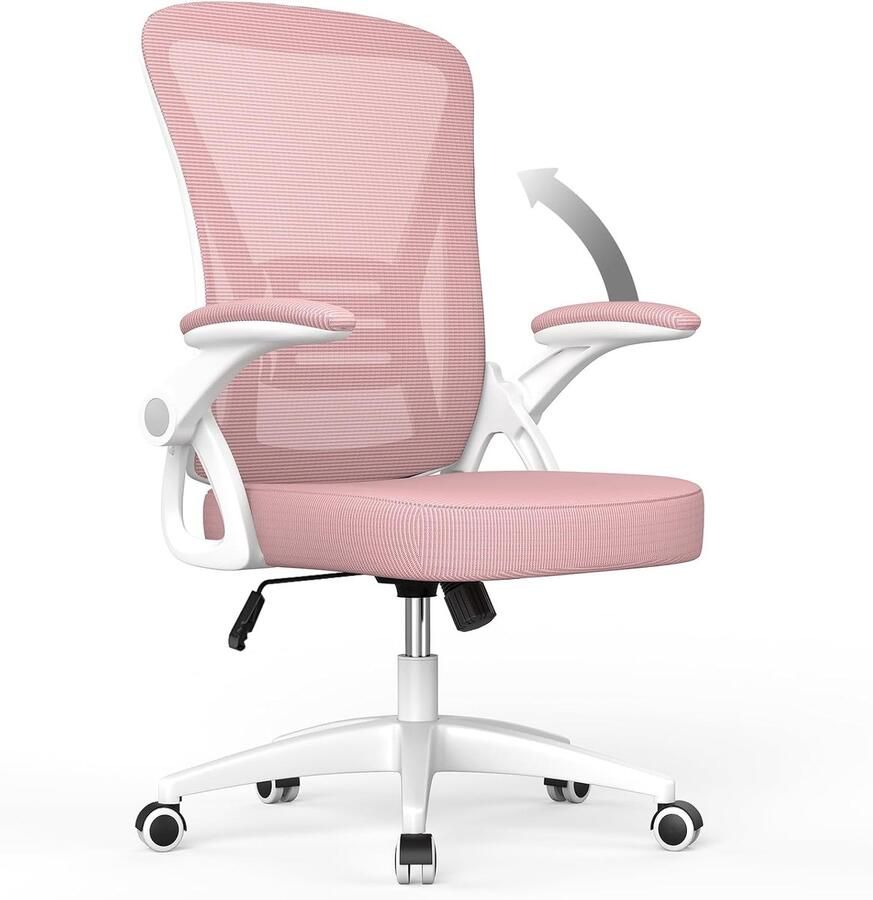 HMTM Bureaustoel met verstelbare armleuningen ergonomische bureaustoel met netbespanning lendensteun in hoogte verstelbaar gewatteerd zitkussen 360° draaistoel roze