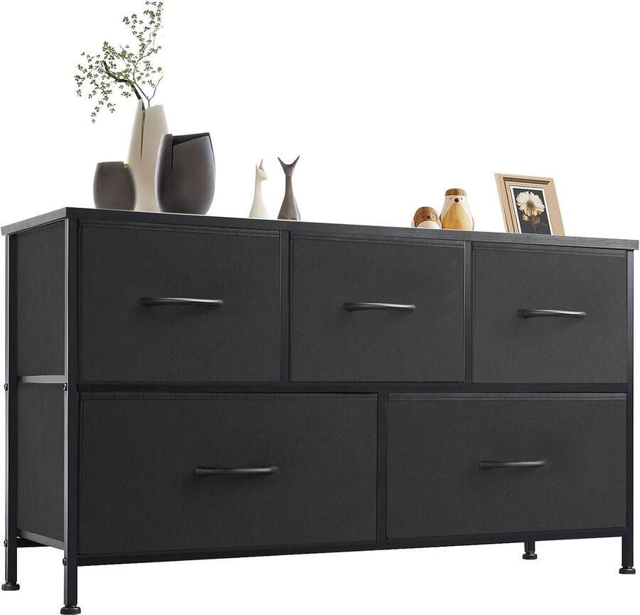 HMTM Commode voor slaapkamer brede lade commode organizer opbergladen stoffen opslag met 5 laden kleine commode tv-standaard voor slaapkamer kast woonkamer kinderkamer -CAB-5BC-BK