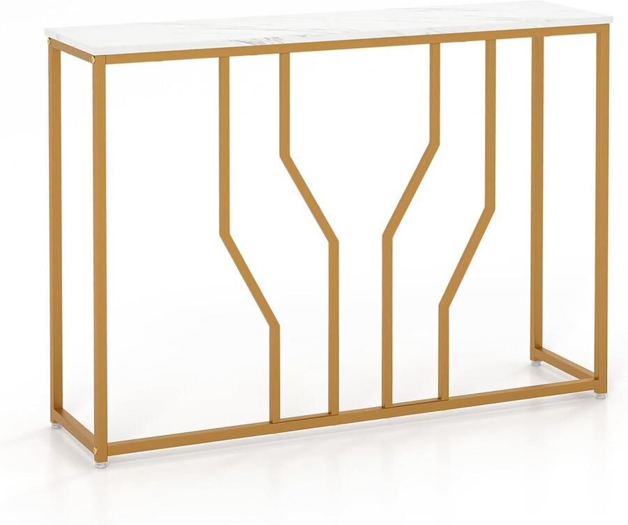 HMTM Consoletafel entreetafel smal marmerlook banktafel met geometrisch metalen frame bijzettafel goud + wit 110 x 30 x 80 cm voor woonkamer hal entree
