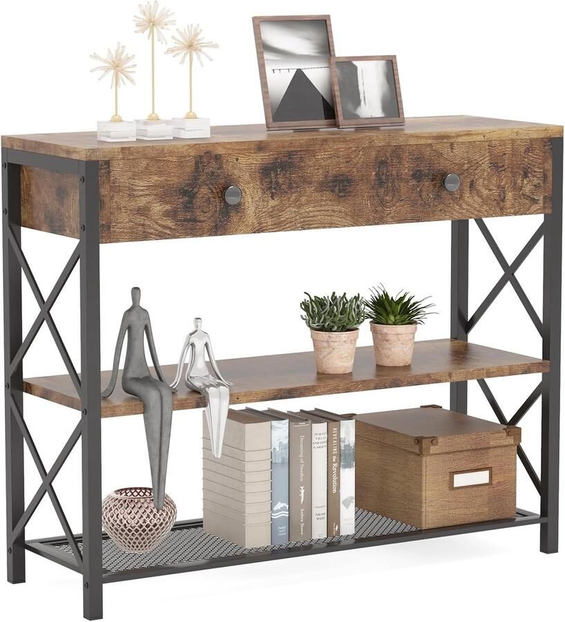 HMTM Consoletafel met lade en 2-traps opbergvakken industriële entreetafel van hout en metaal rustieke bijzettafel voor de woonkamer in de entree slaapkamer