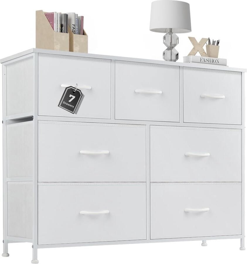 HMTM Dressoir voor slaapkamer met 7 laden witte dressoir voor kinderkamer tv-standaard voor slaapkamer kleine dressoir stof ladekast opslag slaapkamer dressoirs kleding organizer moderne houten -CAB-7BC-WT