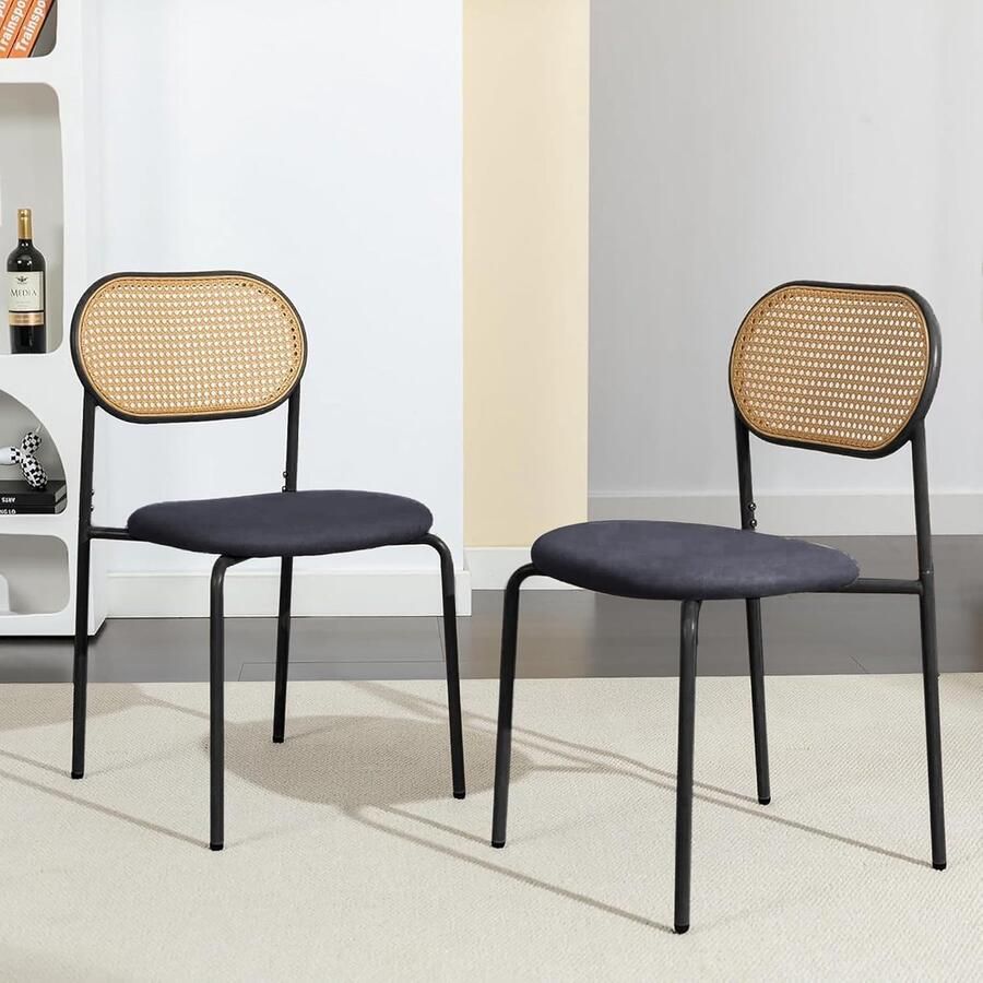 HMTM Eetkamerstoel set van 2 met rotan rugleuning moderne keukenstoelen eetkamerstoel met vier metalen steunpoten van kunstleer gestoffeerde stoelen voor eetkamer (zwart + beige)