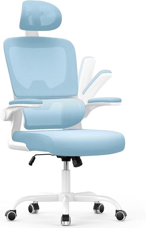 HMTM Ergonomische bureaustoel: bureaustoel met hoge rugleuning en C-vormige lendensteun kantelbare rugleuning verstelbare hoofdsteun opklapbare armleuningen draaibare computerstoel van mesh