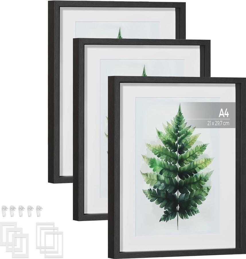 HMTM Fotolijst 3-delige set fotolijsten voor 28 x 36 cm 20 x 25 cm A4 foto's met passe-partouts lijst voor muur of tafel fotogalerij glas MDF 37 x 29 3 cm aszwart HMPF063B01