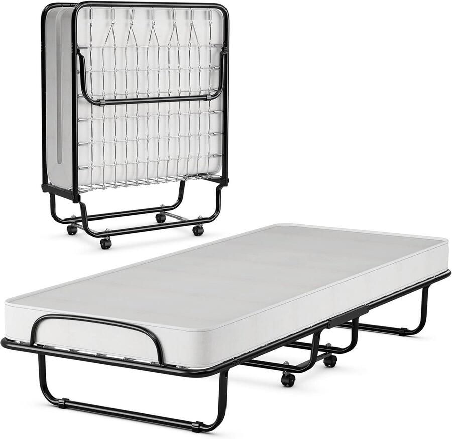 Costway 80 x 190cm Opklapbaar Bed Met 10 cm Traagschuim Matras Stevig U-Vormig Metalen Bedframe Opvouwbaar Logeerbed Eenpersoonsbed voor Kantoor & Extra Kamer
