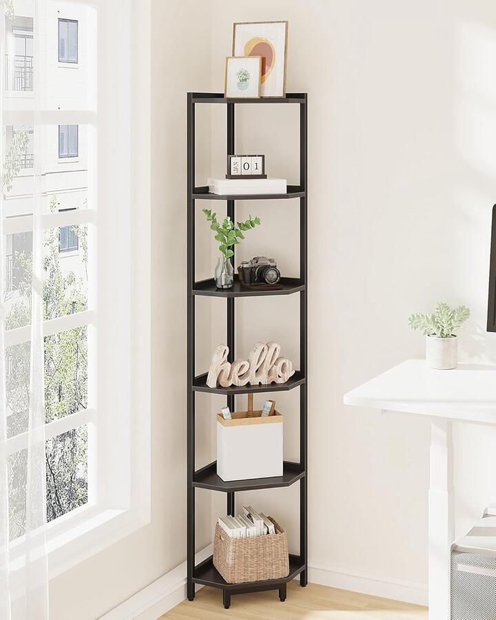 HMTM Hoekplank boekenkast met 6 verdiepingen staand rek opbergrek hoekboekenkast geschikt voor woonkamer werkkamer en kantoor 30 x 30 x 167 5 cm zwart HM06006