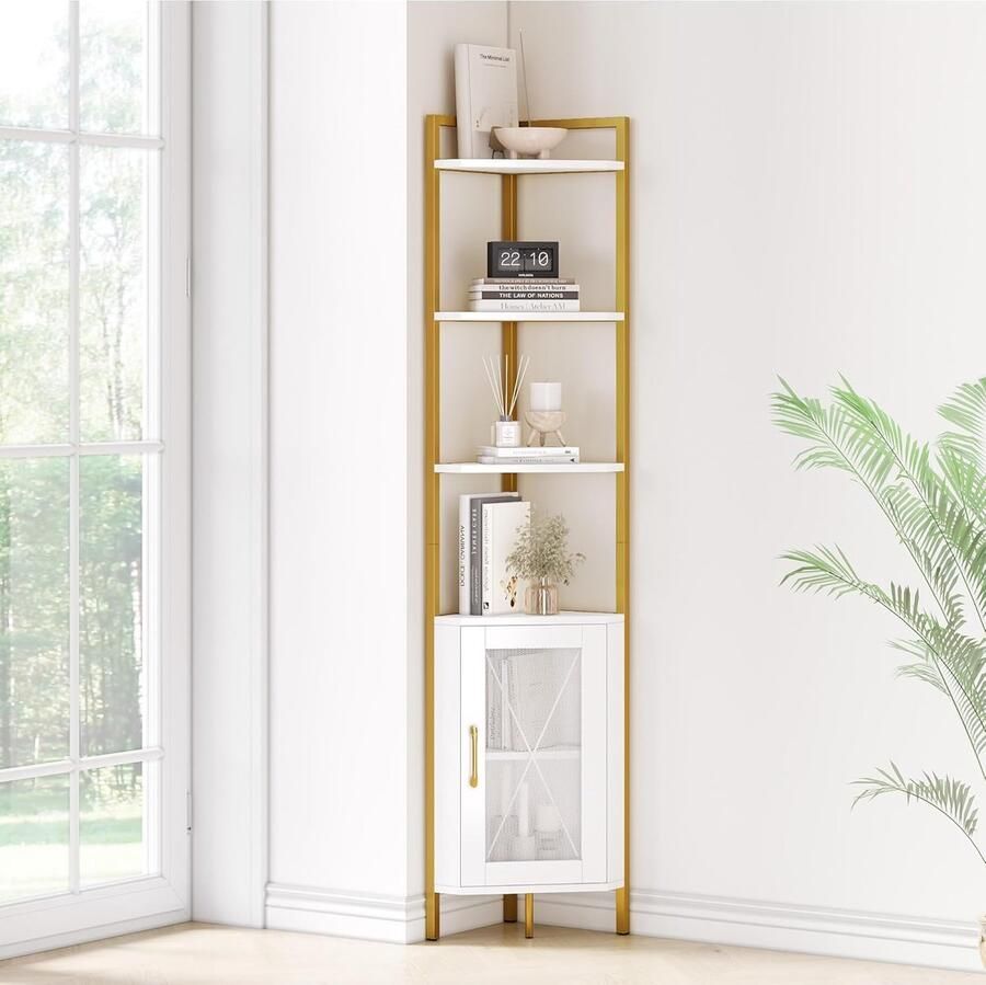 HMTM Hoekrek met 4 niveaus industriële boekenkast met kast witte hoekplank vrijstaande opbergrekken van hout voor woonkamer thuiskantoor hal -H-M-145