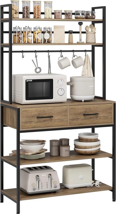 HMTM Keukenrek staand rek met 5 planken en 2 laden bakkersrek voor magnetron potten en pannen 80 x 40 x 169 cm -H-MW143