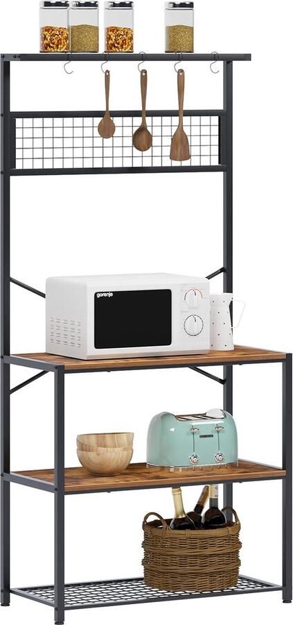 HMTM Keukenrek van metaal en hout koffierek opbergrek magnetronstandaard met 3 planken en 5 haken 80 x 40 x 170 cm rustiek bruin -YL-D5003