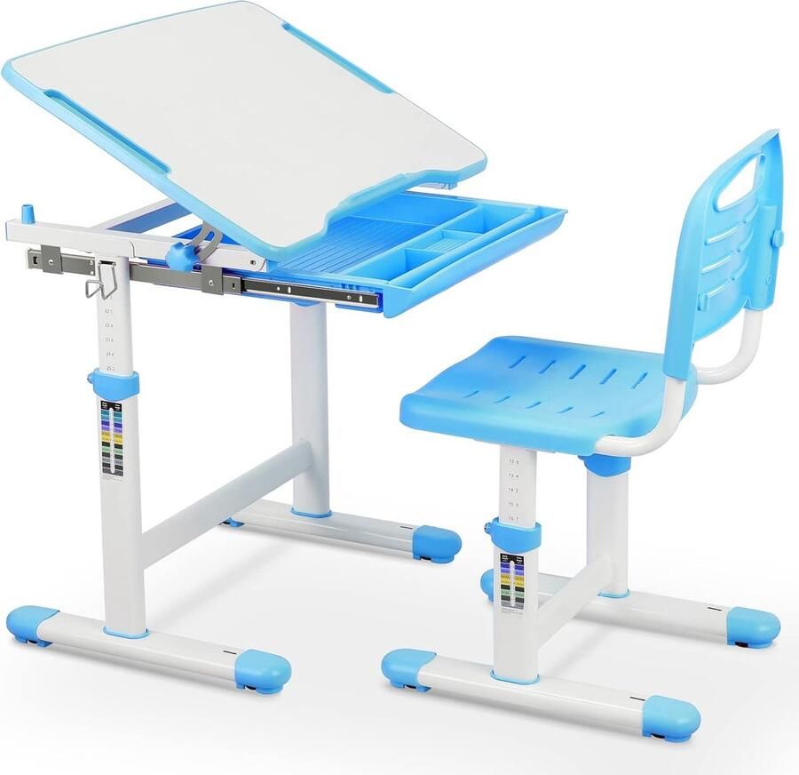 HMTM Kinderbureaustoel in hoogte verstelbaar kindertafelstoelset met kantelbaar tafelblad bureau voor kinderen meisjes en jongens jeugdbureau met lade (blauw) -501