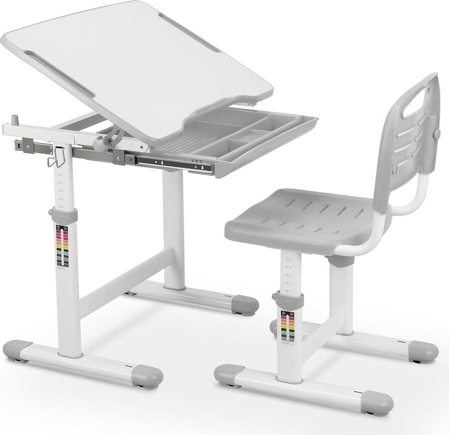 HMTM Kinderbureaustoel in hoogte verstelbaar kindertafelstoelset met kantelbaar tafelblad bureau kinderen meisjes en jongens jeugdbureau met lade grijs -501