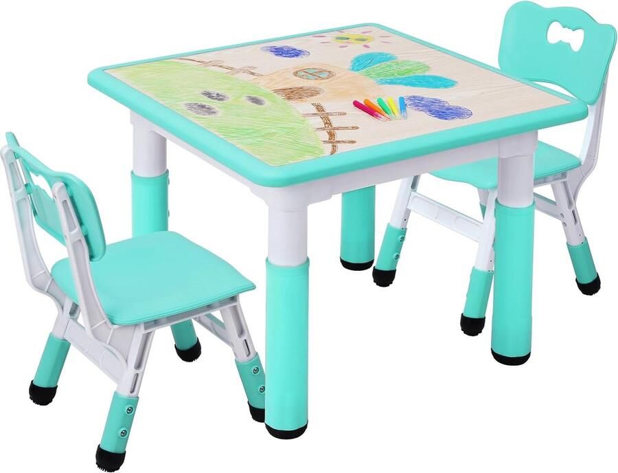 HMTM Kindertafel met 2 stoelen in hoogte verstelbaar tafelstoelset voor kinderkamer plastic kindermeubels zitgroep voor jongens en meisjes vanaf 2 jaar (muntgroen vierkante tafel)