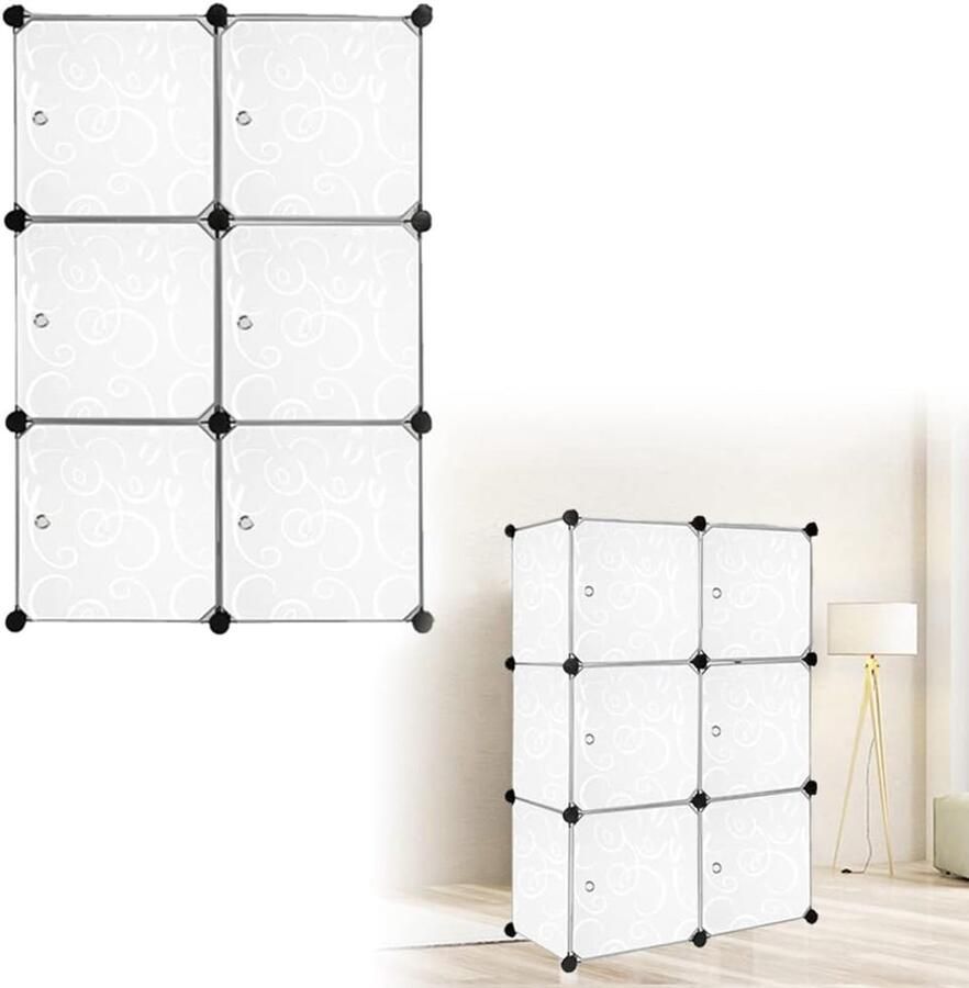 HMTM Kledingkast garderobe reksysteem met deuren PP kunststof opslag van kleding boeken DIY montage opbergrek (6 boxen met deur wit) 2028