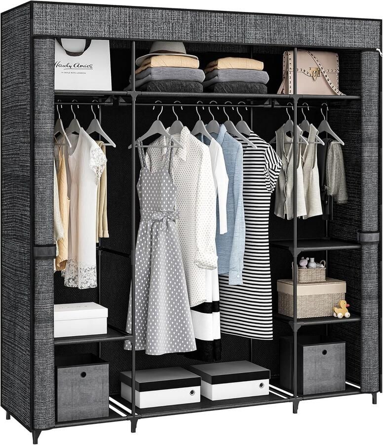 HMTM Kledingkast stoffen kast 163 x 44 x 177 cm draagbare kledingkast voor de slaapkamer 3 kledingstangen met afdekking van vliesstof grijs WO0203GC