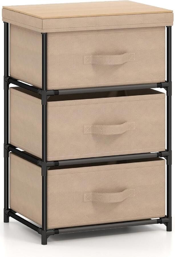 HMTM Ladedressoir stoffen commode opbergtoren met 3 laden en houten blad metalen frame kast organizer unit voor slaapkamer woonkamer kast en hal (lichtkoffie) -10129