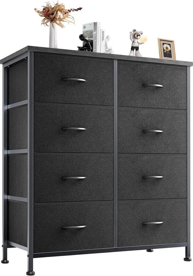 HMTM Ladekast voor slaapkamer met 8 stoffen laden hoge ladekast organizer voor kleding kast kinderkamer opbergtoren met kast metalen frame houten blad lichtgewicht kinderkamermeubilair -CAB-8BC-BK - Foto 3
